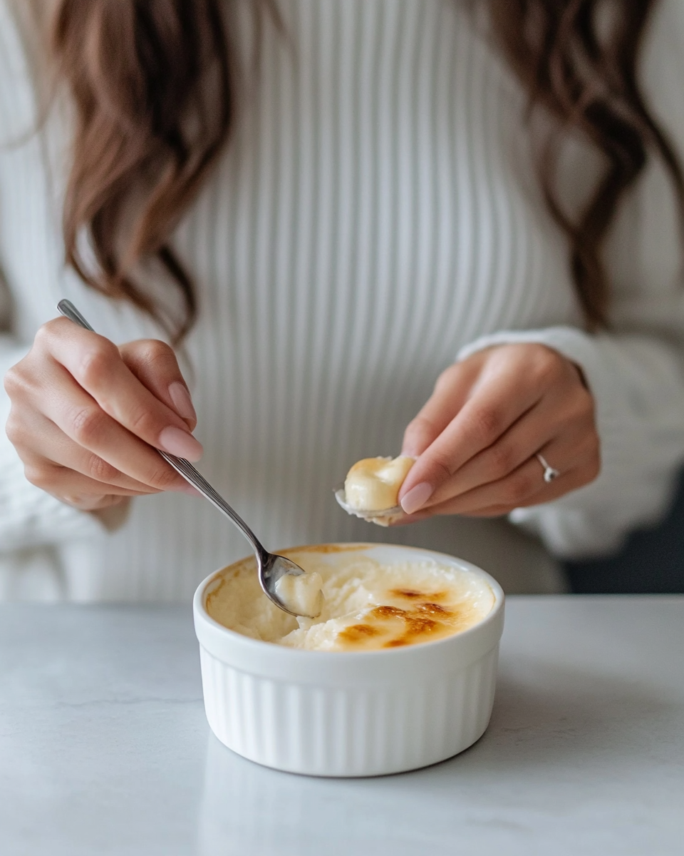 Woman eating a dessert in a modern kitchen.