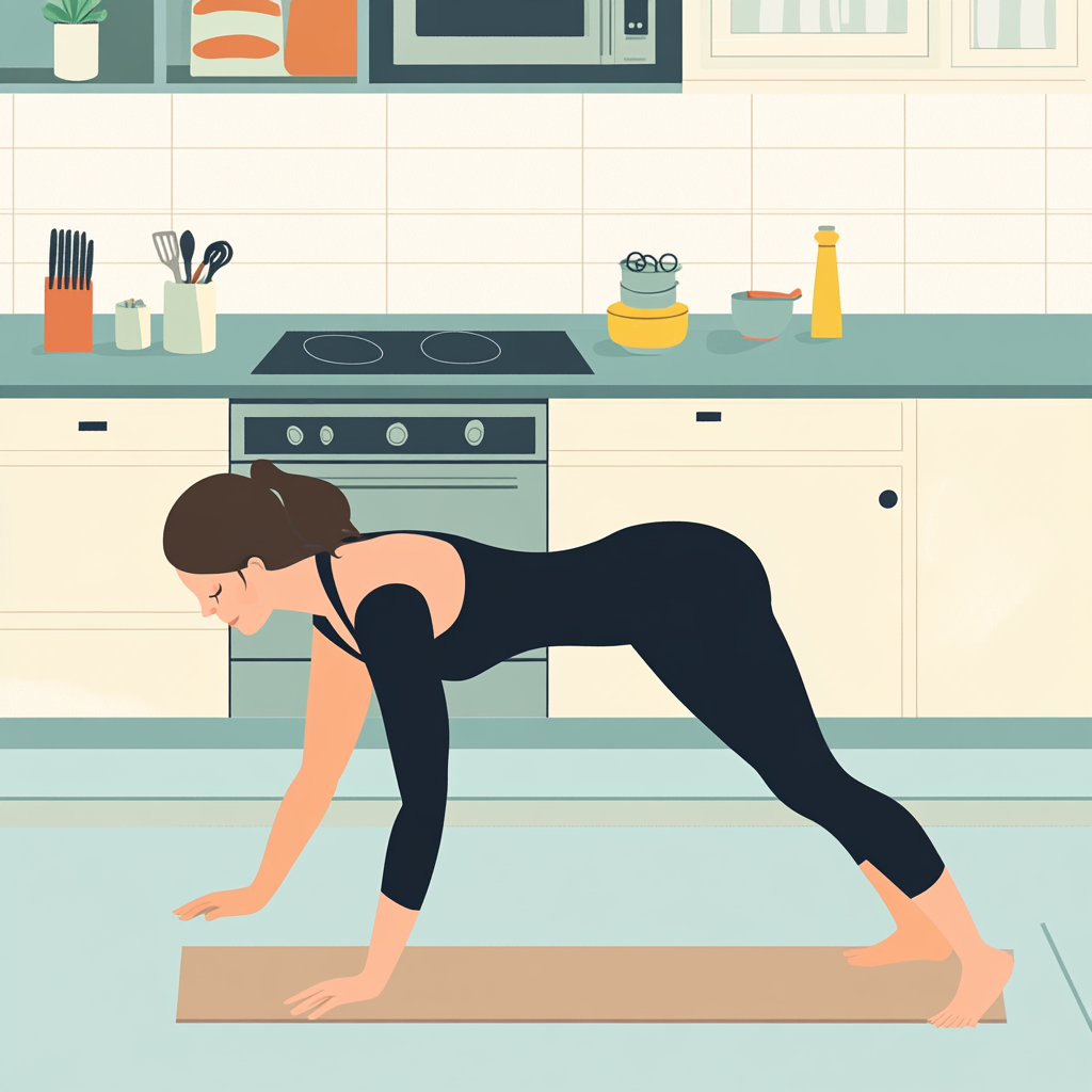 Woman exercising in kitchen with vector art style