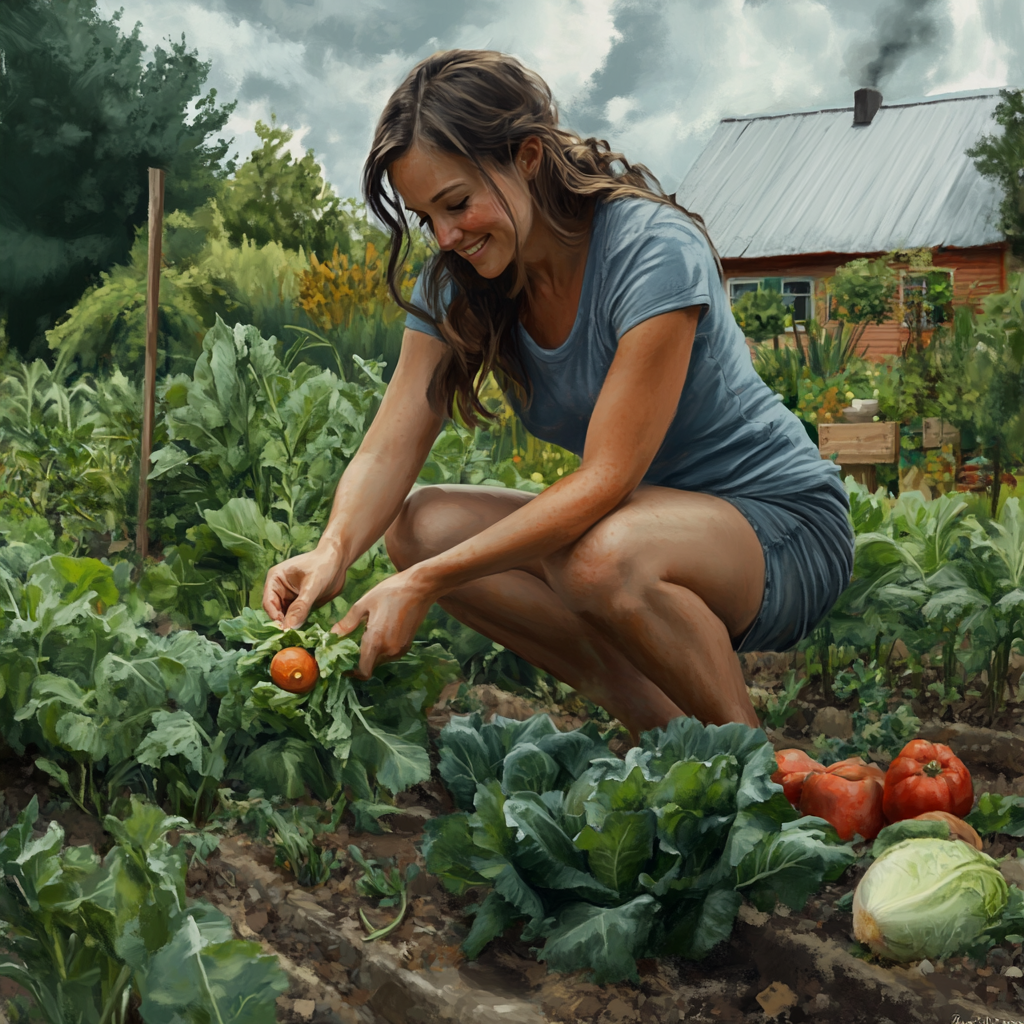 Woman gardening in fall vegetables, smiling on cloudy day.