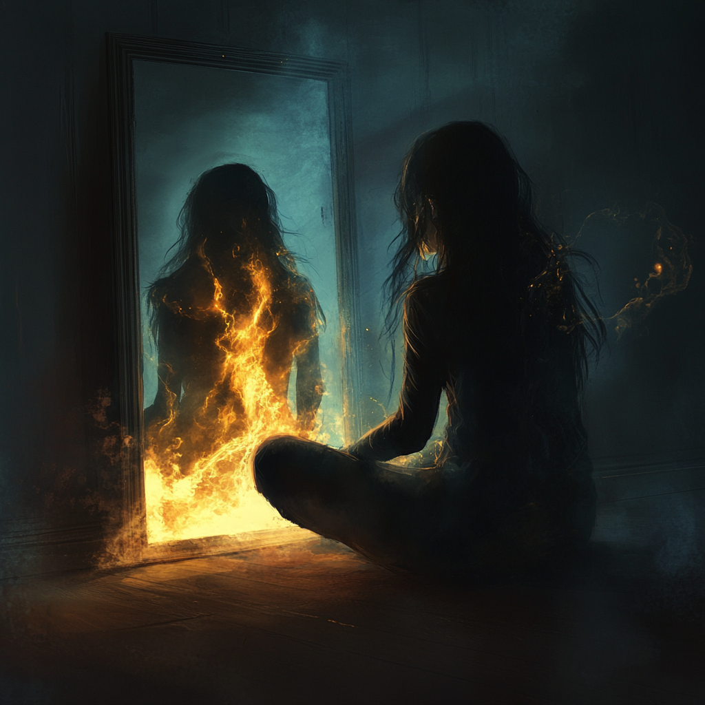 Woman gazes into mirror at her comforting spirit.