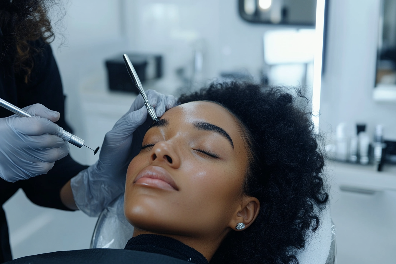 Woman gets Eyebrow Makeup in Beauty Salon