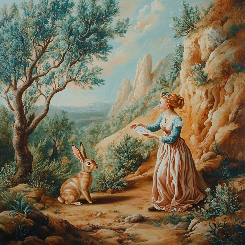 Woman giving message to rabbit in desert setting.