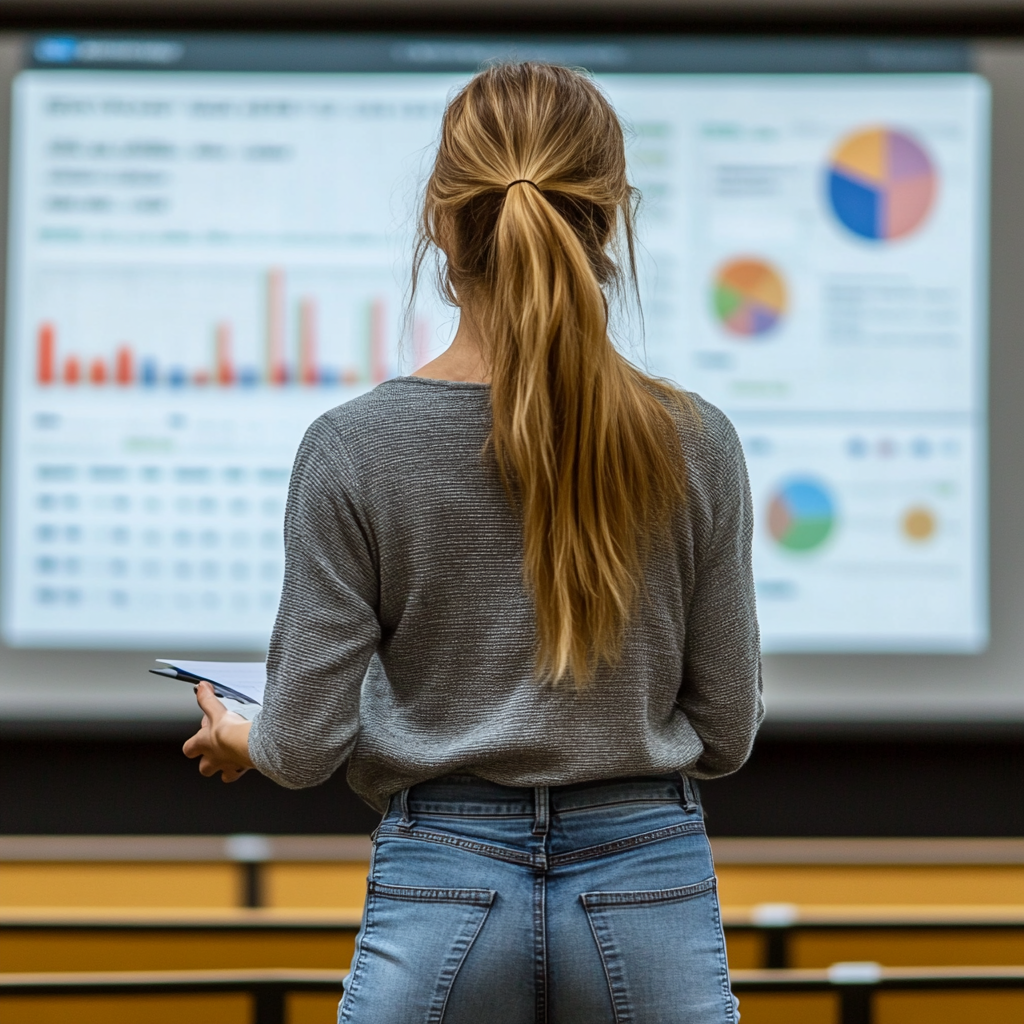 Woman gray cardigan jeans presentation statistics graphs cinema viewing.