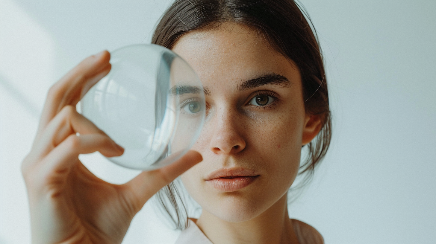 Woman holding 23cm half-circle device, white background, epic mood