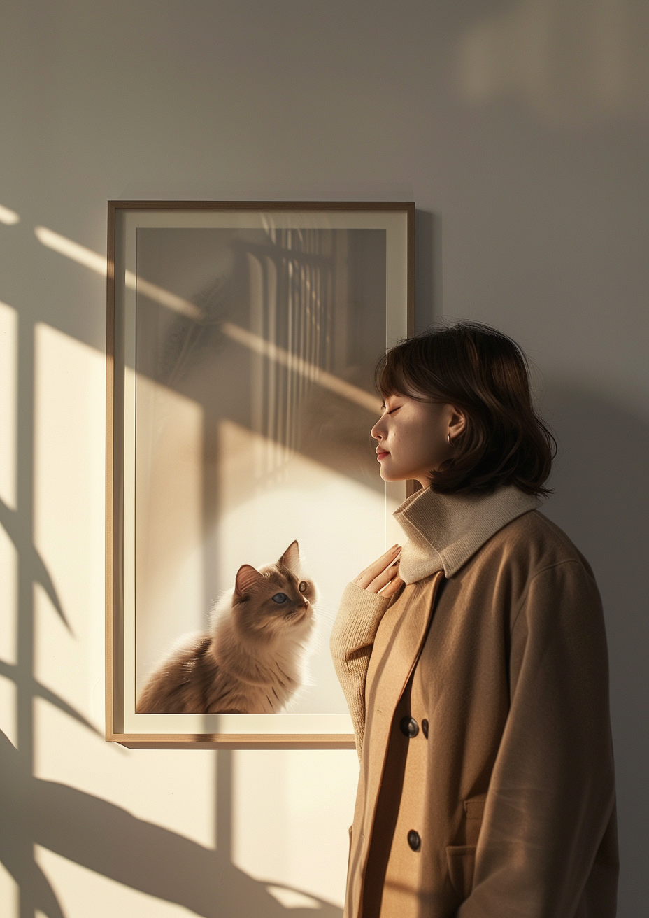 Woman holding cat in hyperrealistic frame on wall.