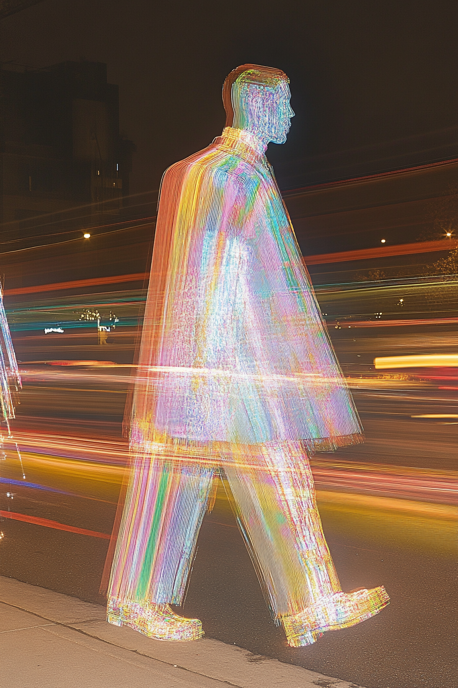 Woman holding flowers with shiny highlights, chaotic motion blur.