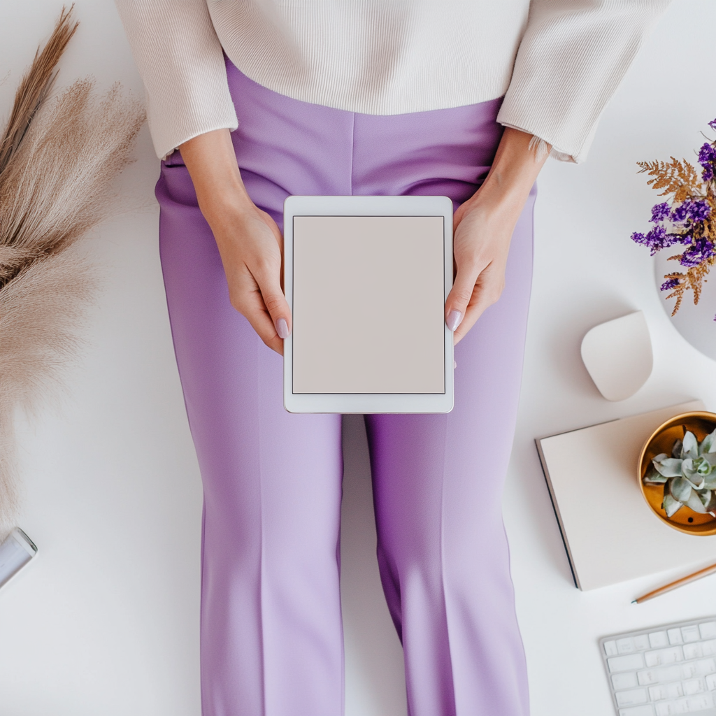 Woman holding iPad with autumn feed, white shirt.