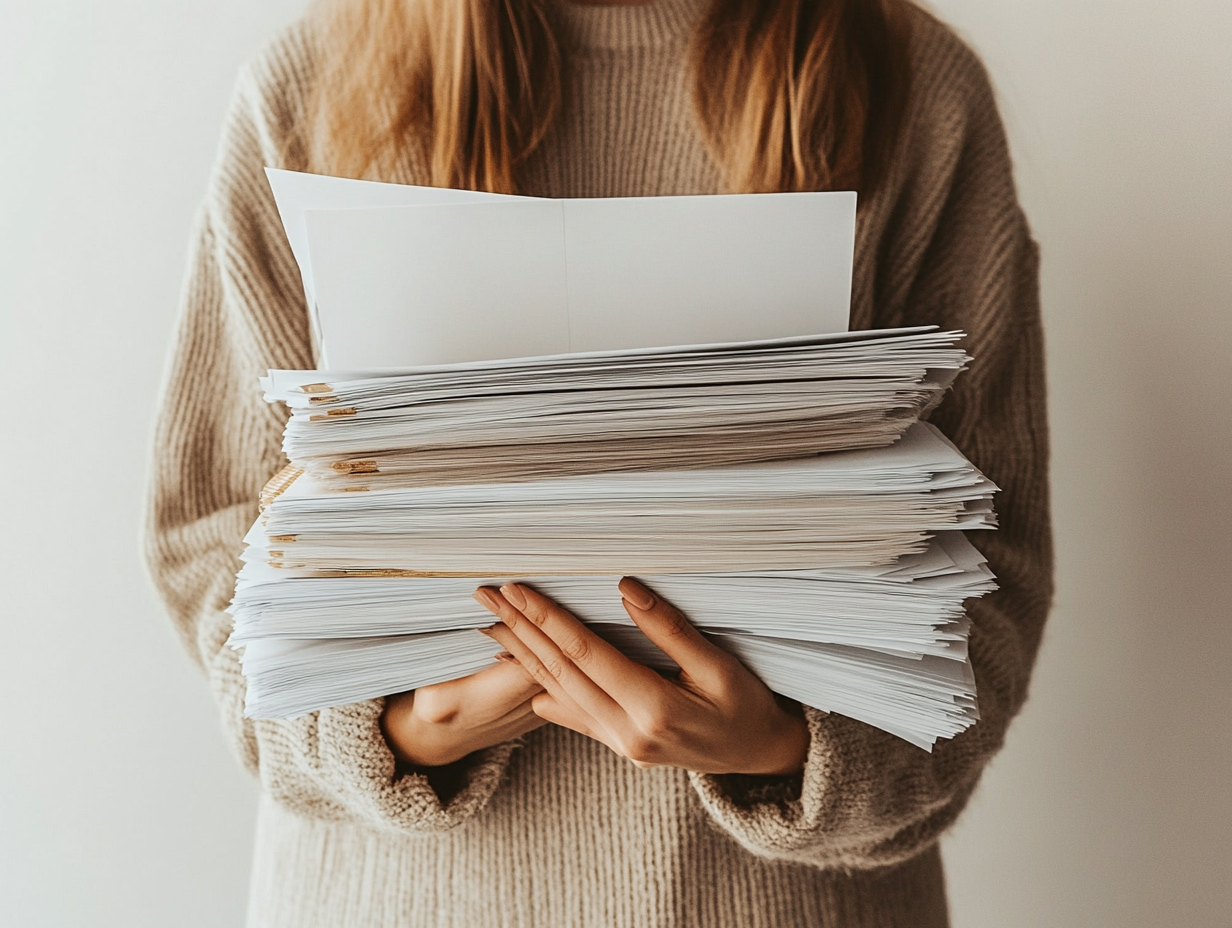 Woman holding papers and planner, clean, professional photography.