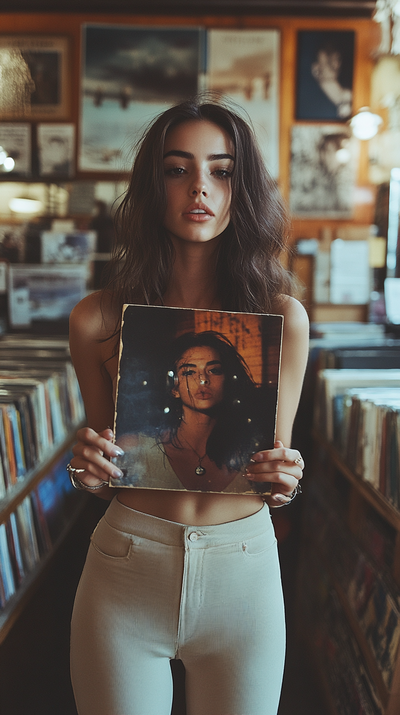 Woman holds album cover perfectly aligned with face