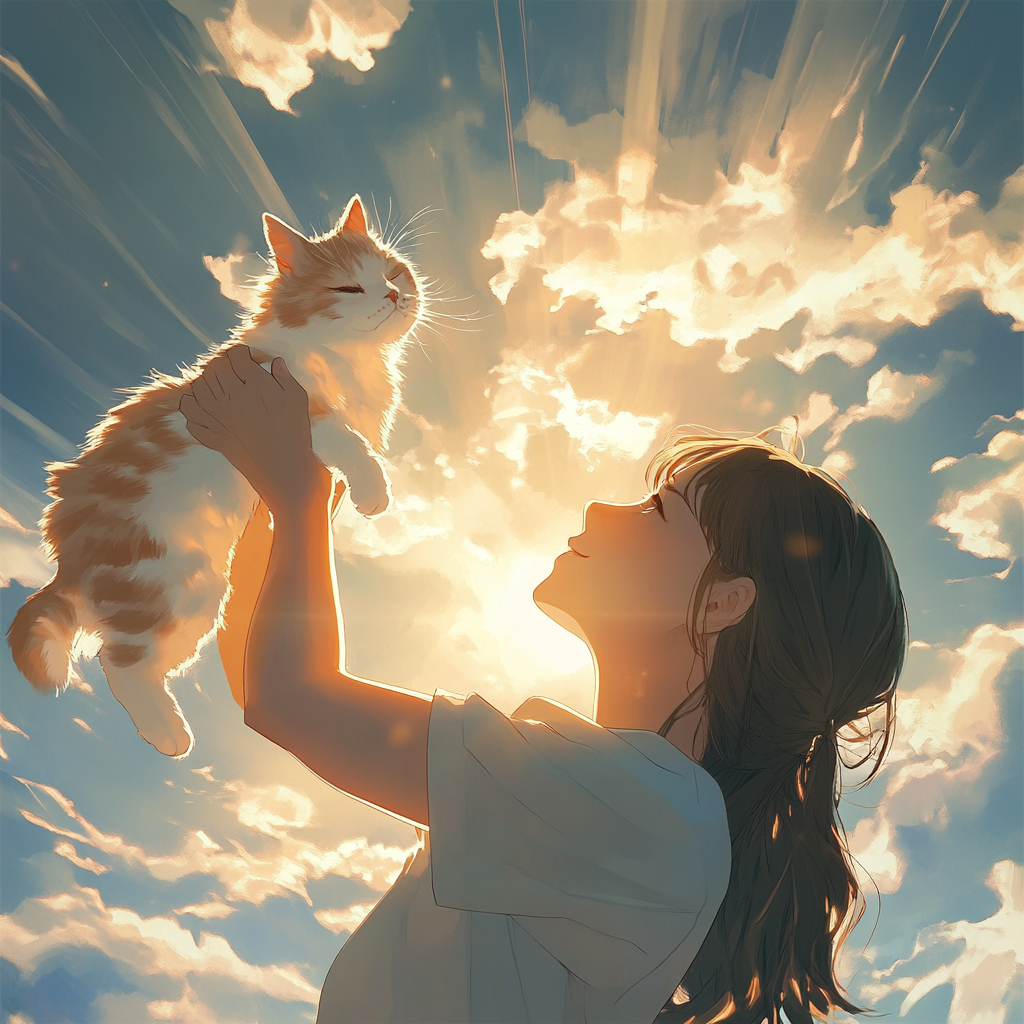 Woman holds cat under sunlight in heartfelt scene