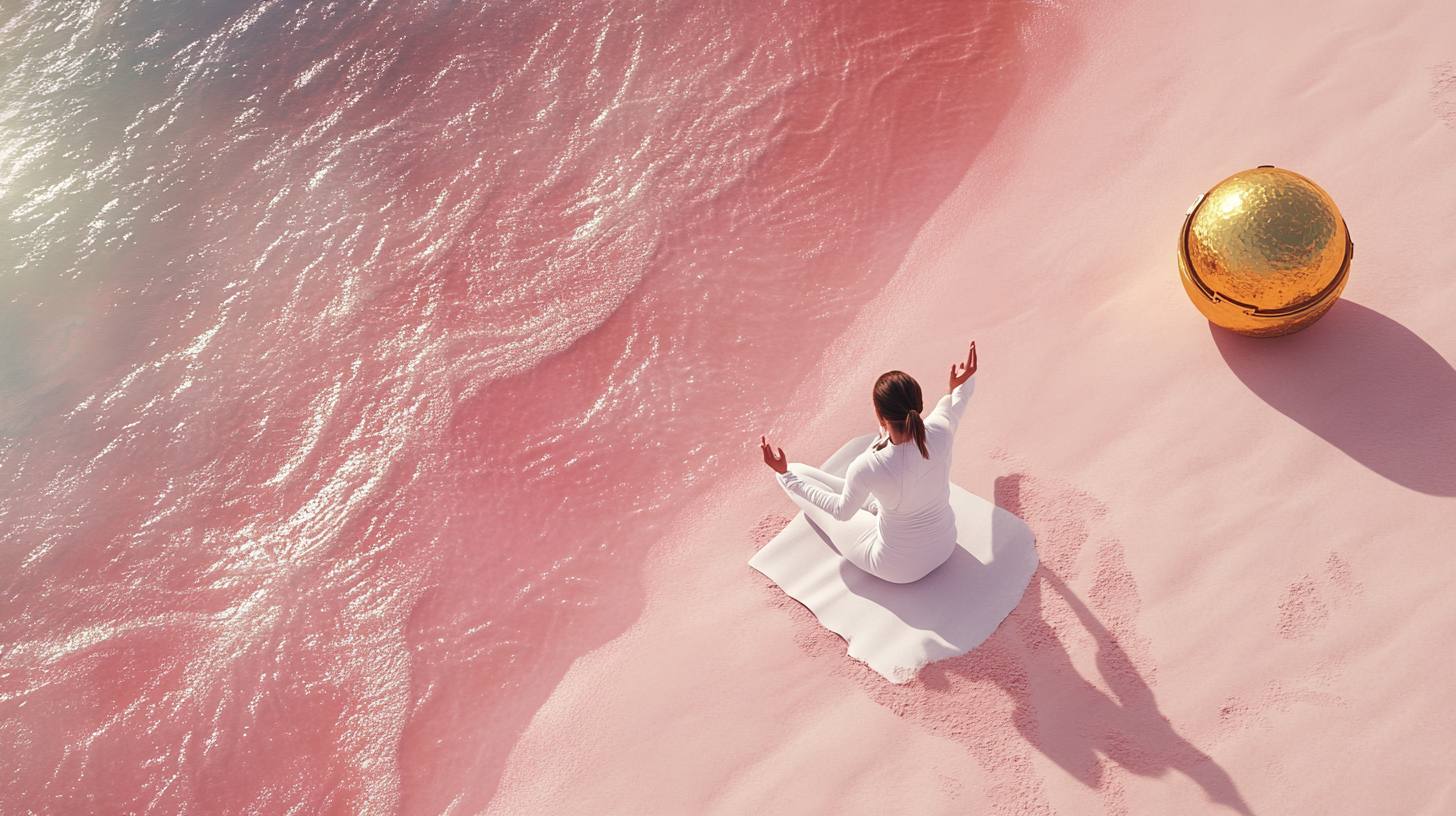 Woman in 40s in spacesuit does yoga on pink beach