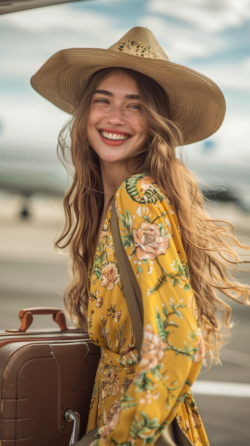 Woman in Gigi Hadid style, boarding plane happily.