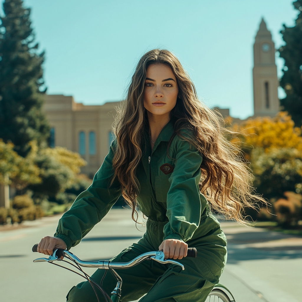 Woman in Green Jumpsuit Riding Bike at UC Davis