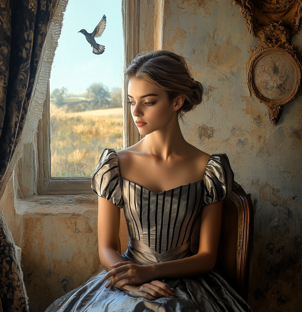 Woman in Grey Silk Dress Sitting by Autumn Window