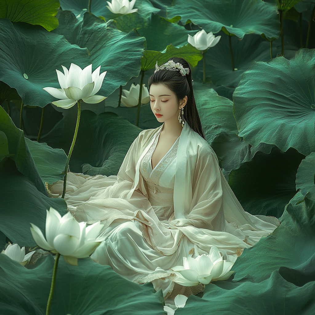 Woman in Hanfu on lotus leaf, surrealistic, mysterious atmosphere.