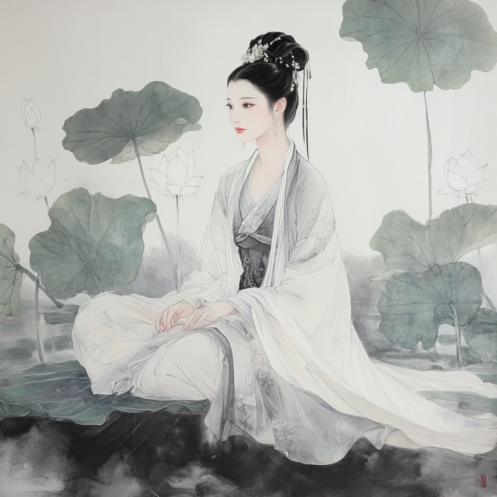 Woman in Hanfu on lotus leaf, with Chinese painting style.