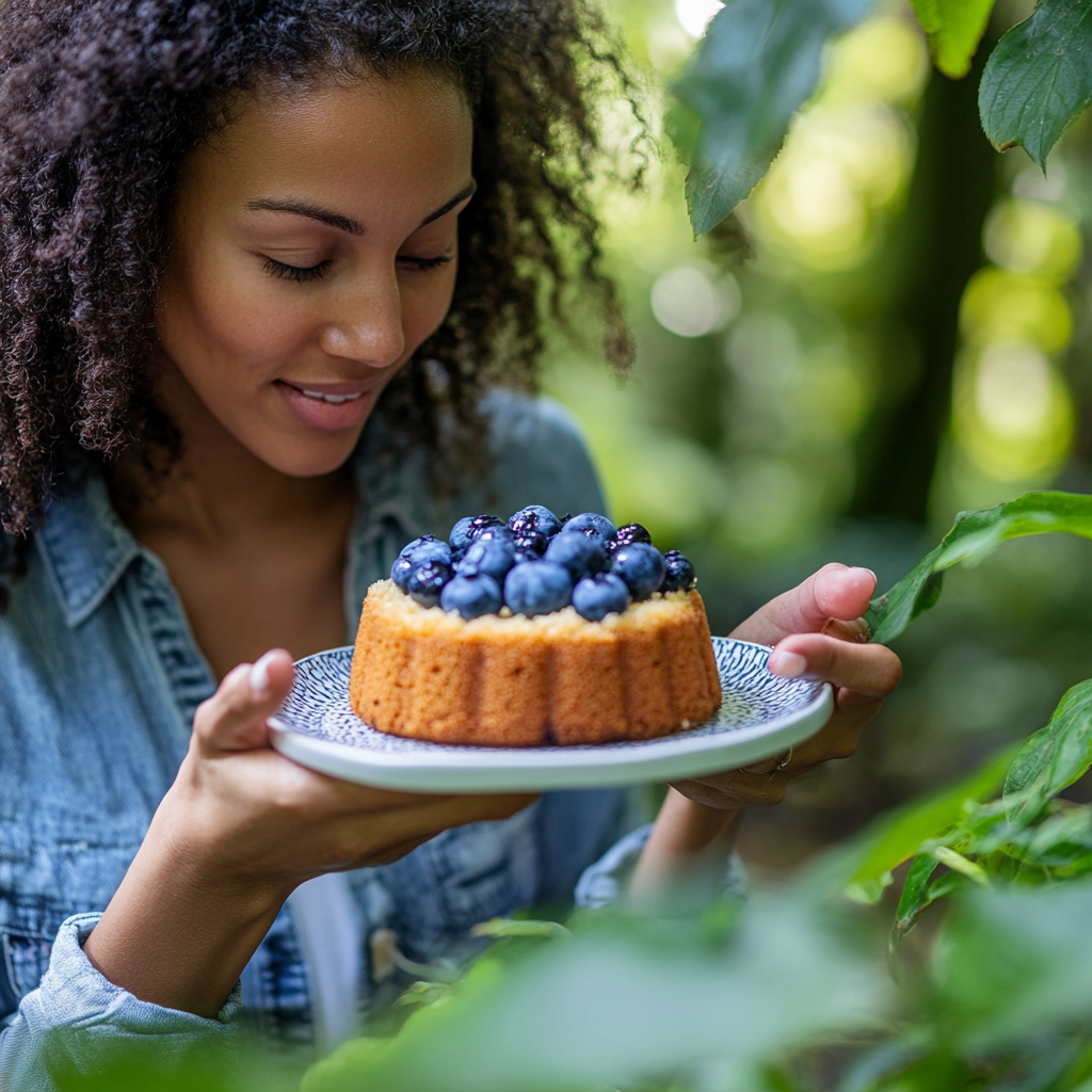 Woman in Nature Enjoying Blueberry Almond Friand