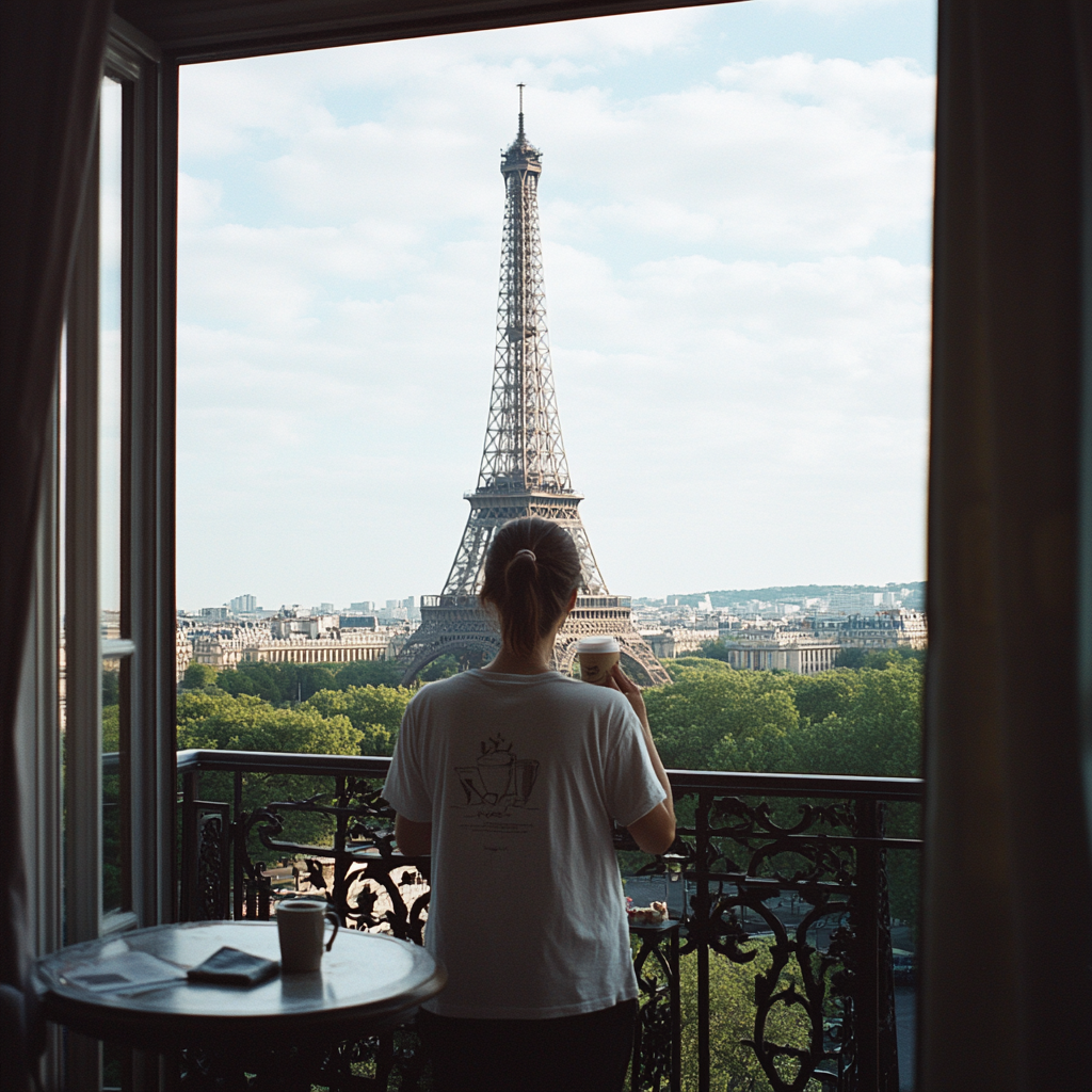 Woman in Paris apartment with Eiffel Tower view drinking coffee