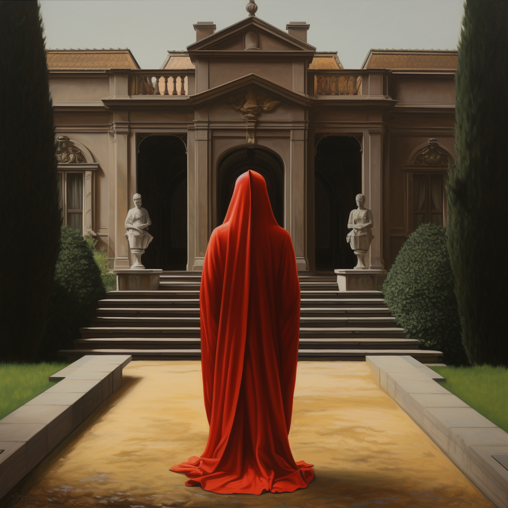 woman-red-robe-mansion-gates