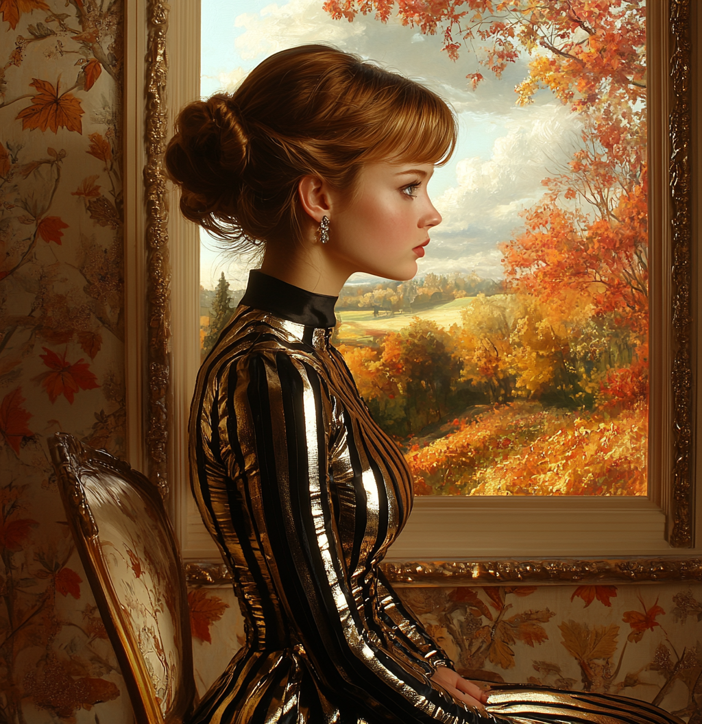 Woman in Silk Dress Sitting by Autumn Window