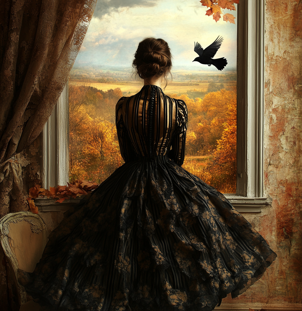 Woman in Silk Dress with Bird Flying Outside Window