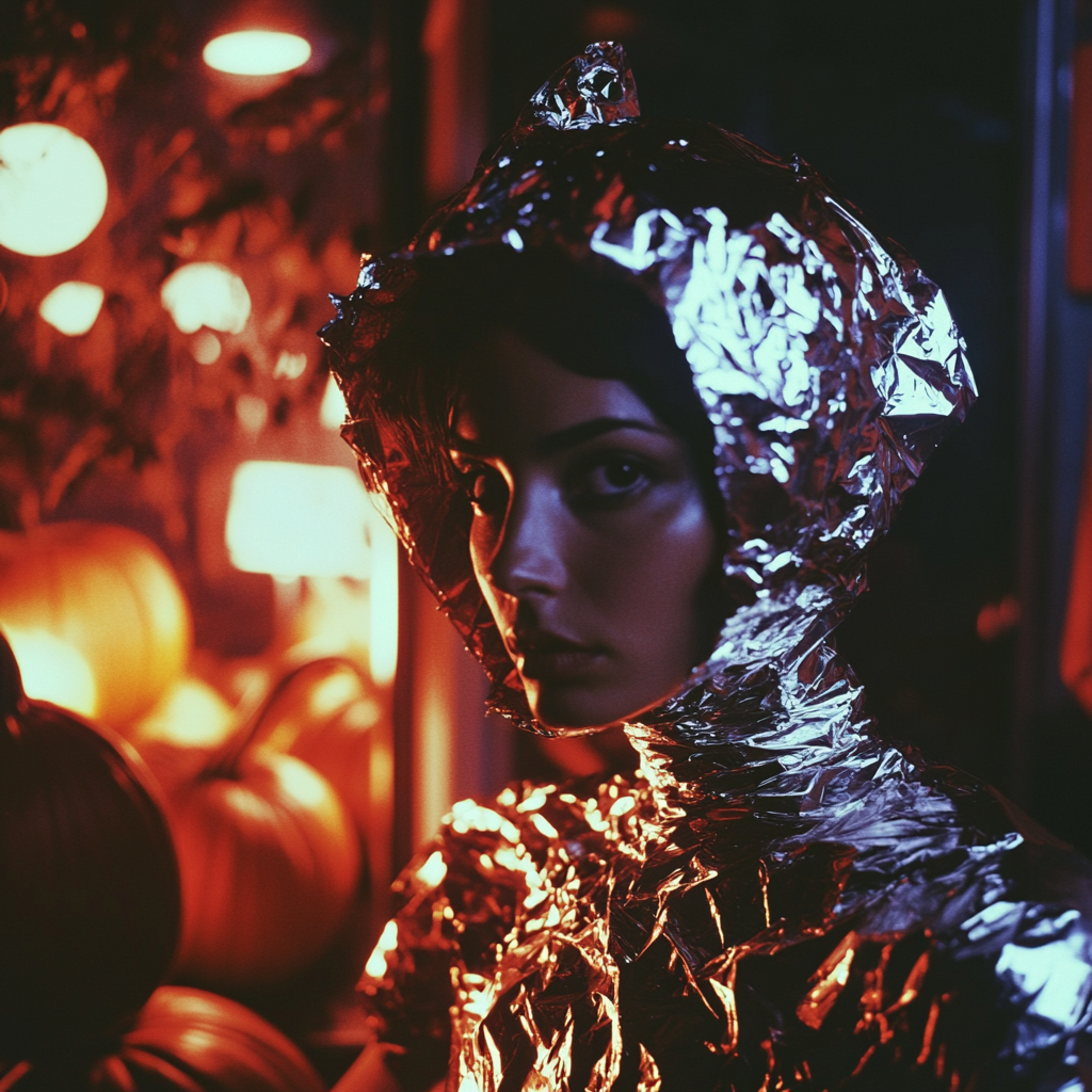 Woman in aluminum foil costume at Halloween party