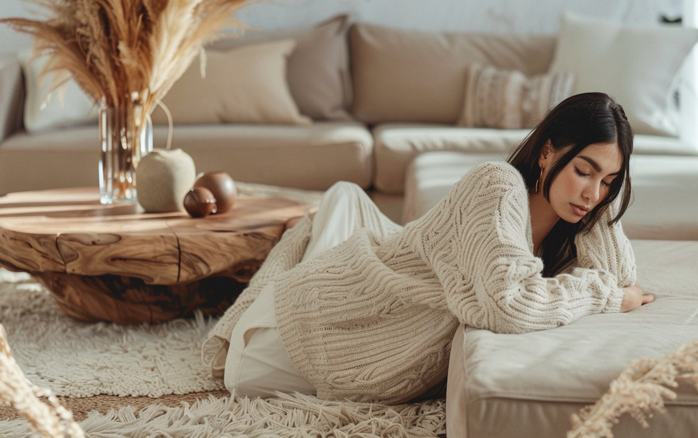 Woman in beige sweater lying peacefully on soft rug