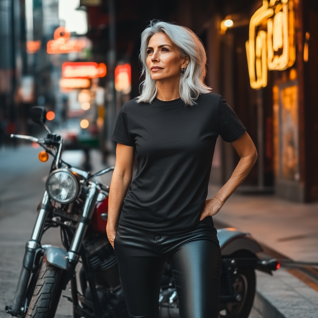 Woman in black T-shirt confidently stands on street.