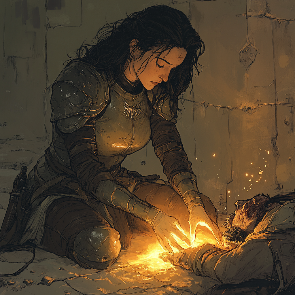 Woman in black armor healing wounded soldier with glowing hands.