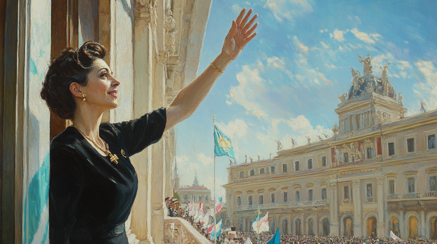 Woman in black dress waves from balcony to husband.