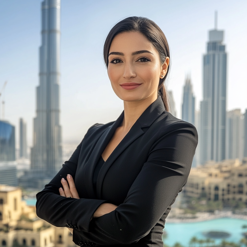 Woman in black suit poses with Burj Khalifa. Smiling confidently.