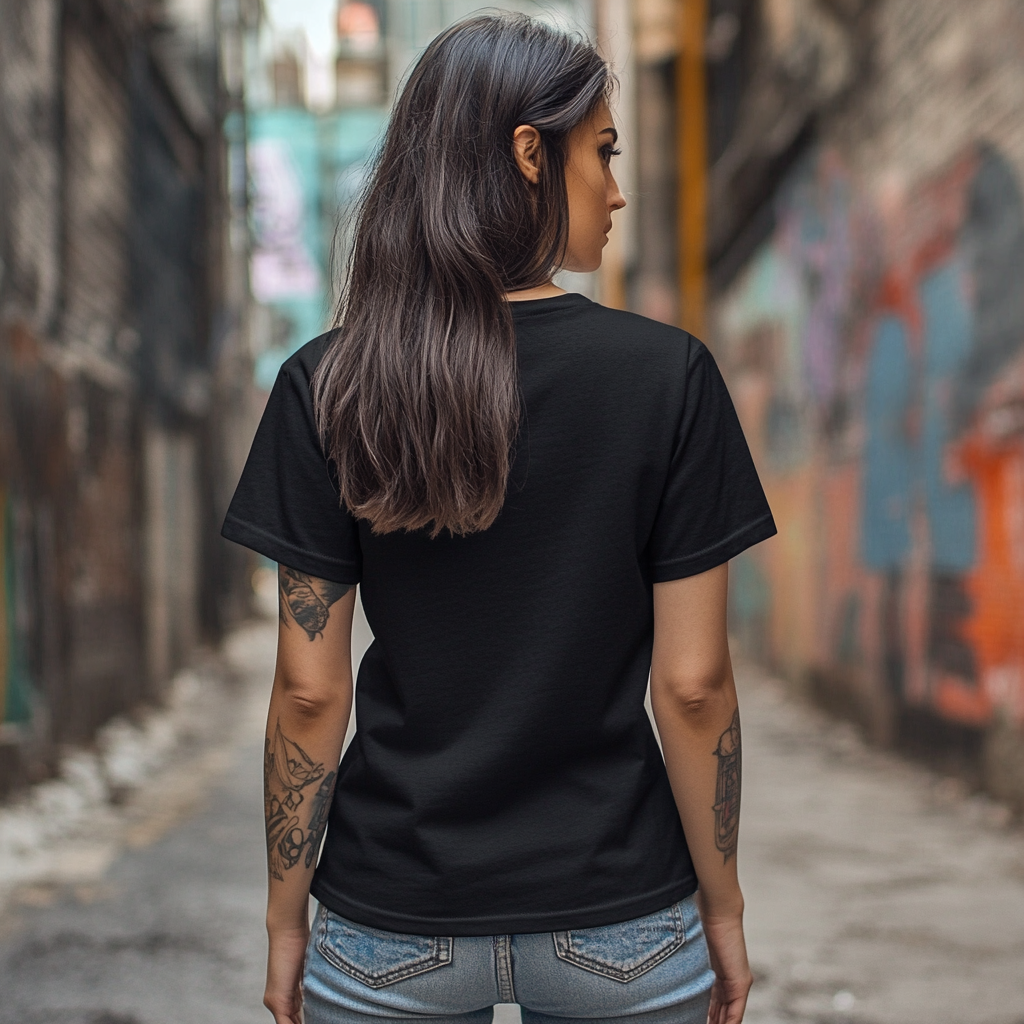 Woman in black t-shirt posing in urban setting.