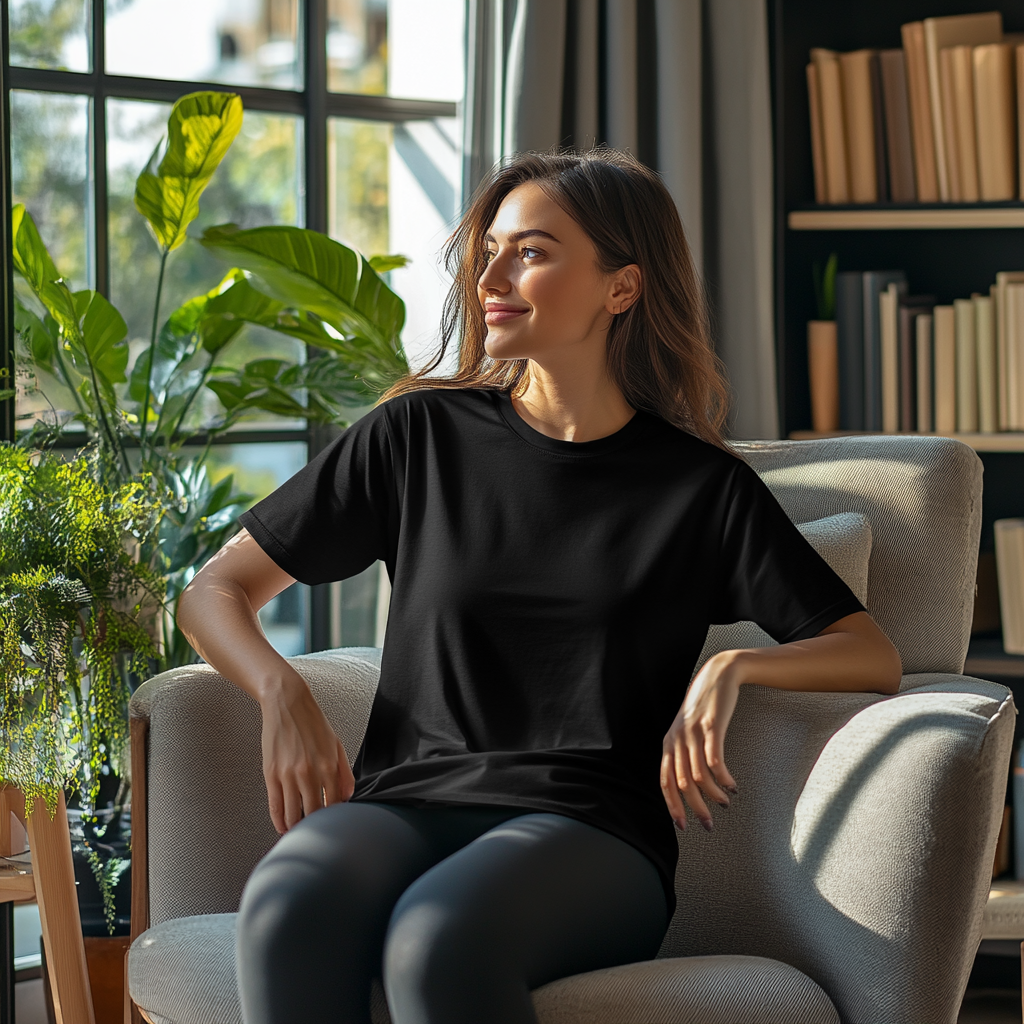 Woman in black t-shirt relaxes in cozy room.