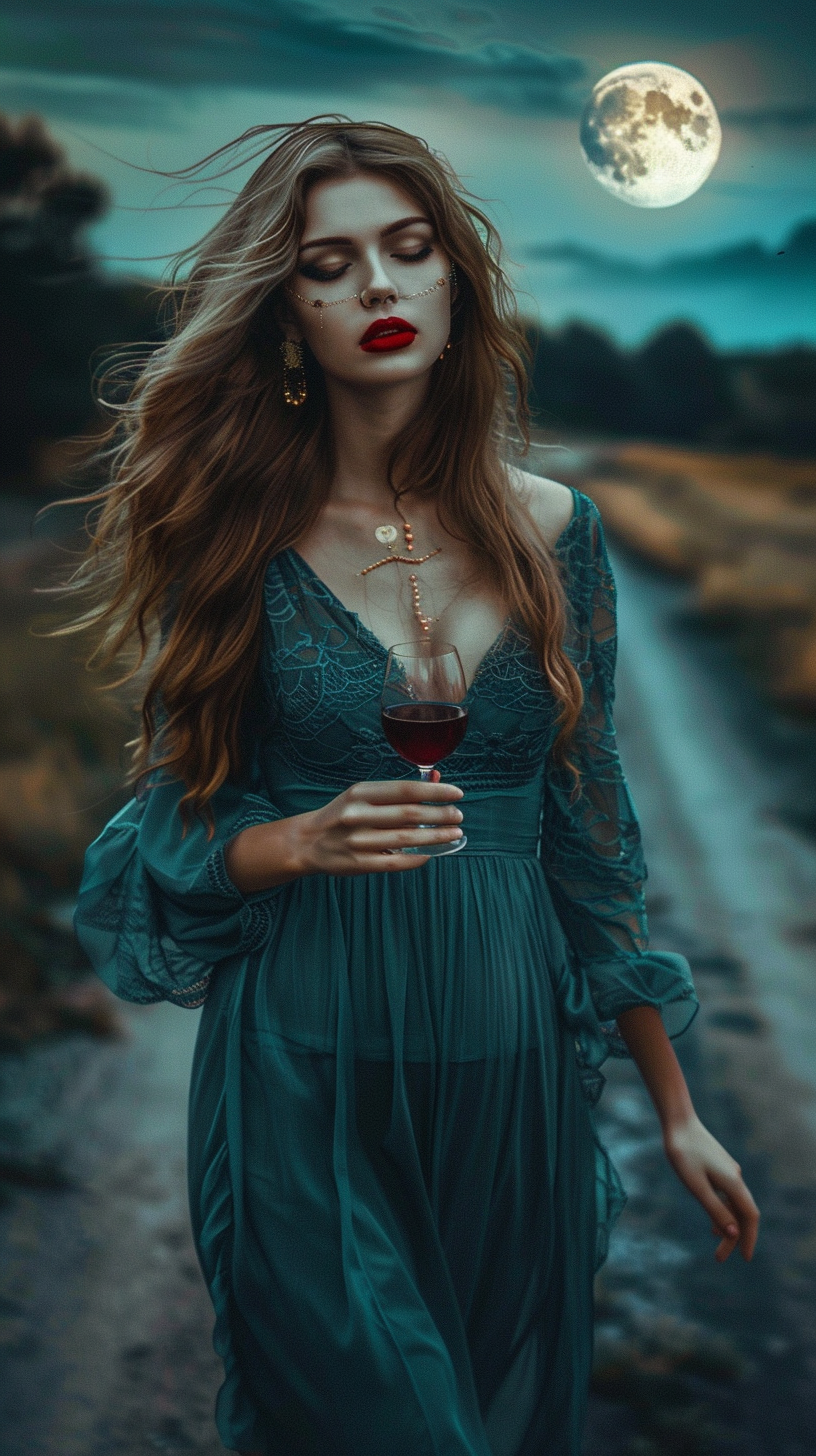 Woman in blue dress with red lips walks alone.