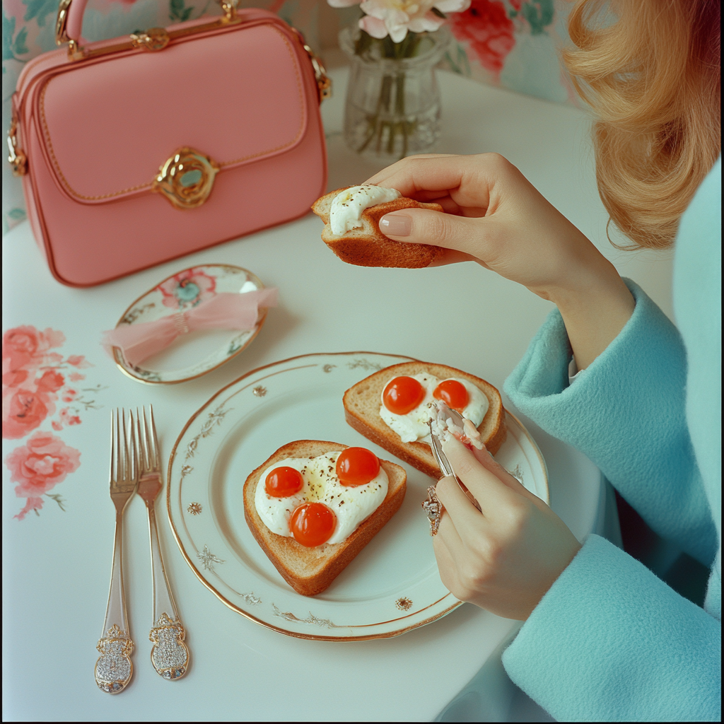 Woman in blue jacket eating two pieces of toast.