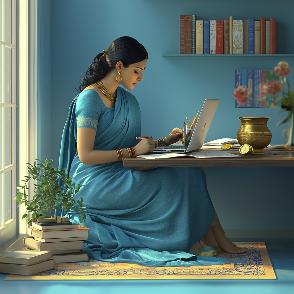 Woman in blue sari writing novel on laptop.