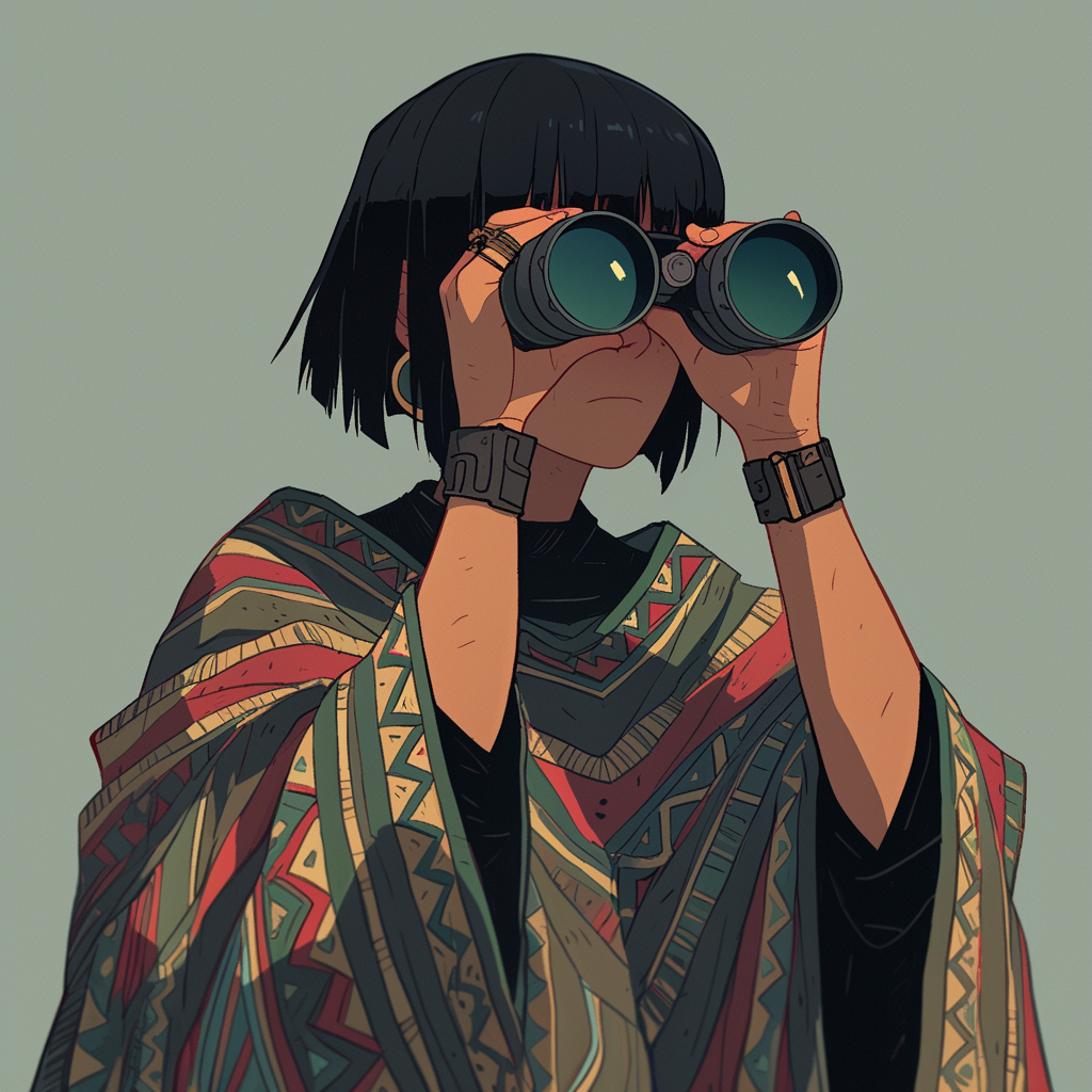 Woman in bob-cut, poncho, using binoculars in comic style.