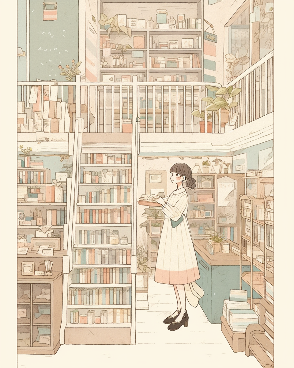 Woman in bookstore looking for book, cute illustration style.