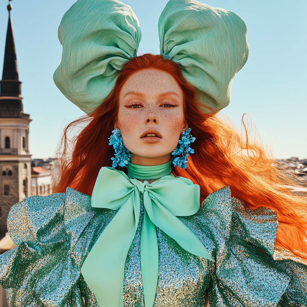 Woman in bright red hair and avant-garde outfit.