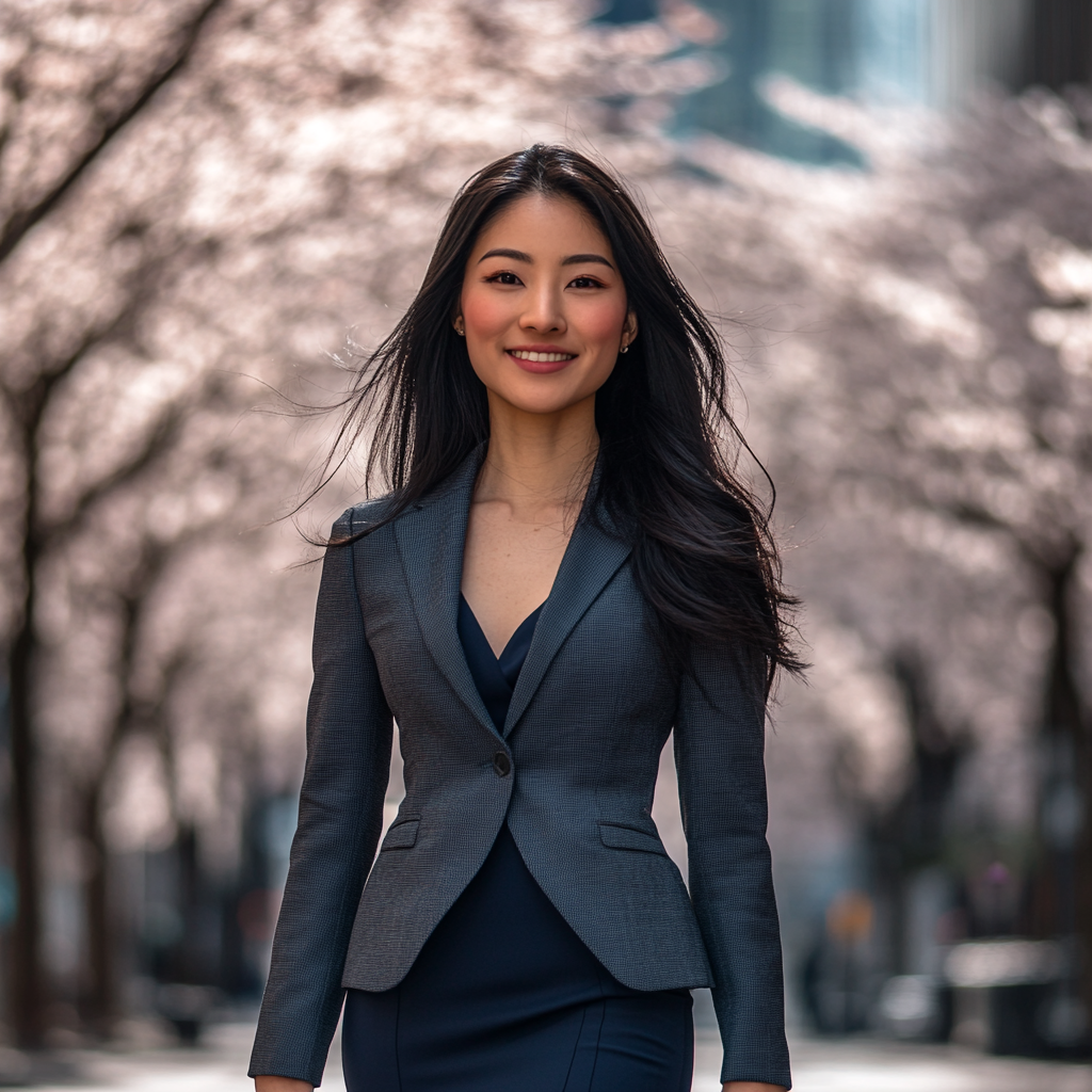 Woman in business district with cherry blossoms.