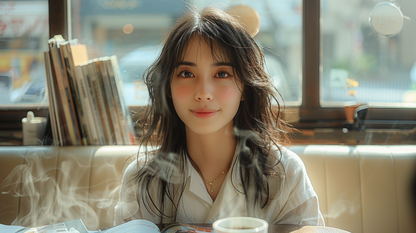 Woman in cafe in school uniform smiling by window.