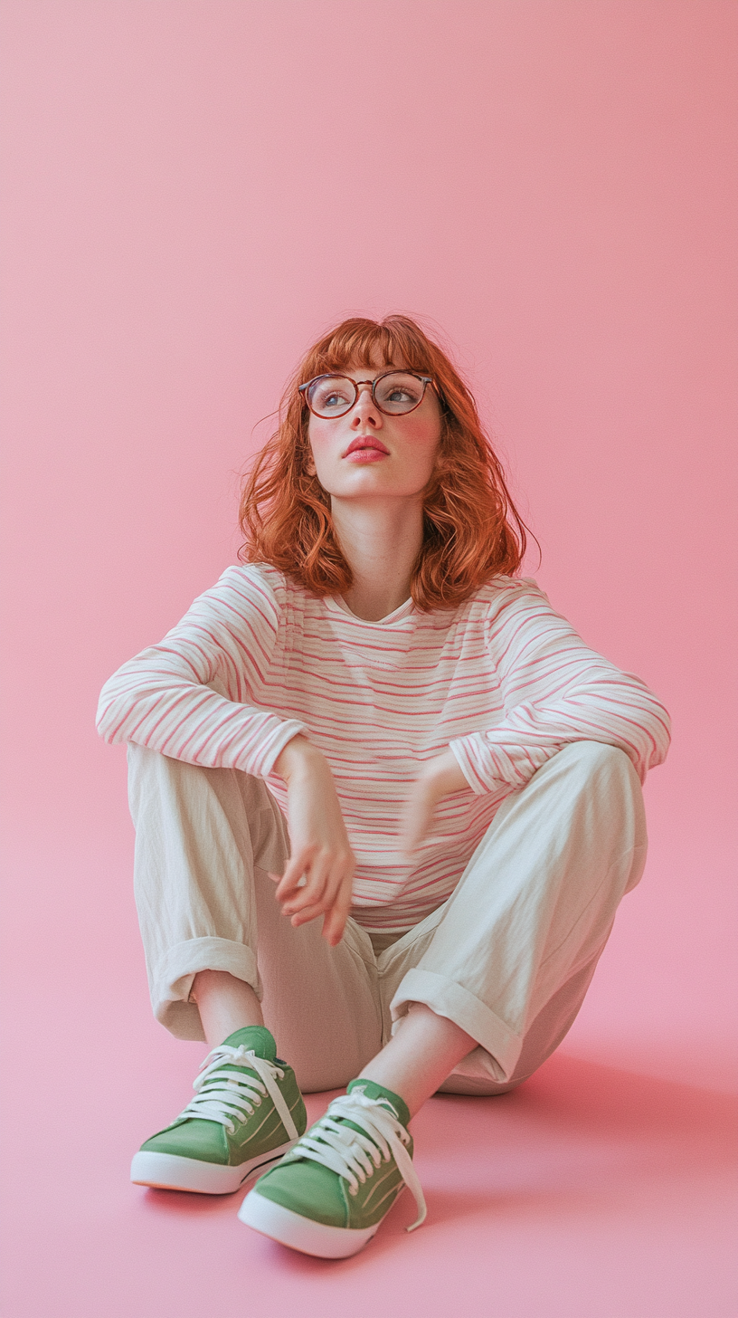 Woman in casual outfit sitting on pink background.