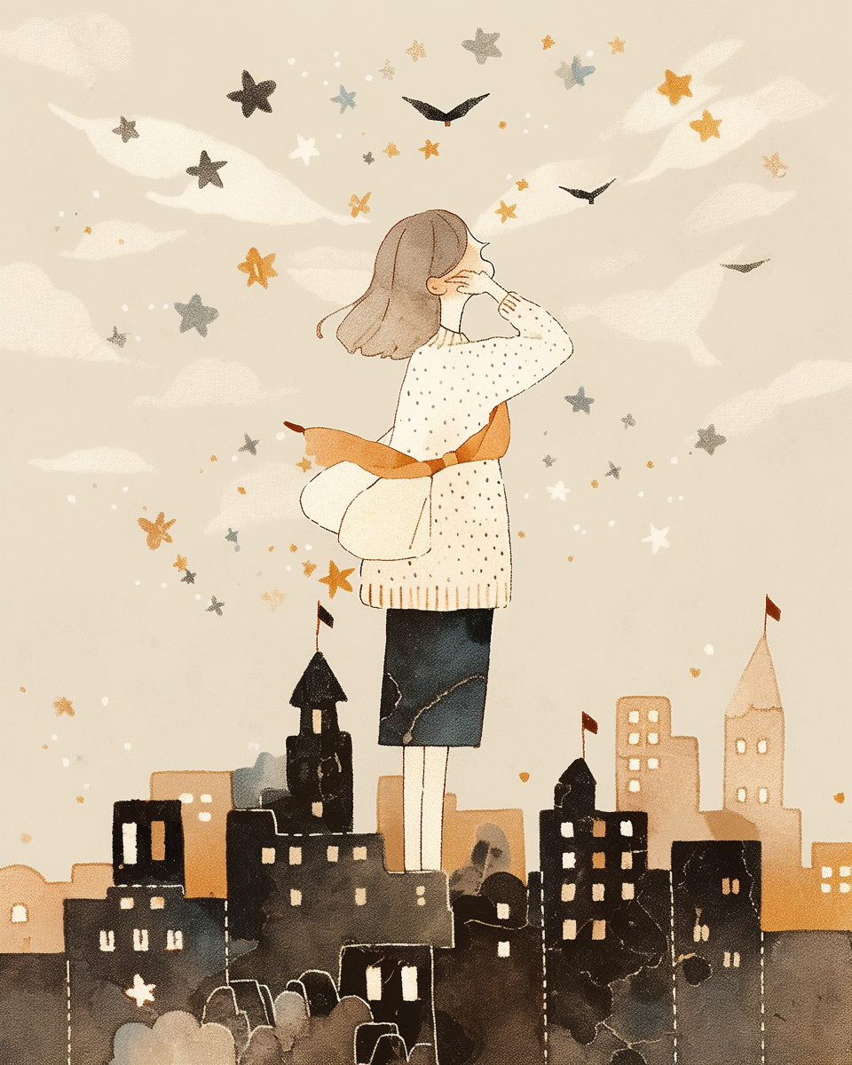 Woman in city looking up at sky illustration style.