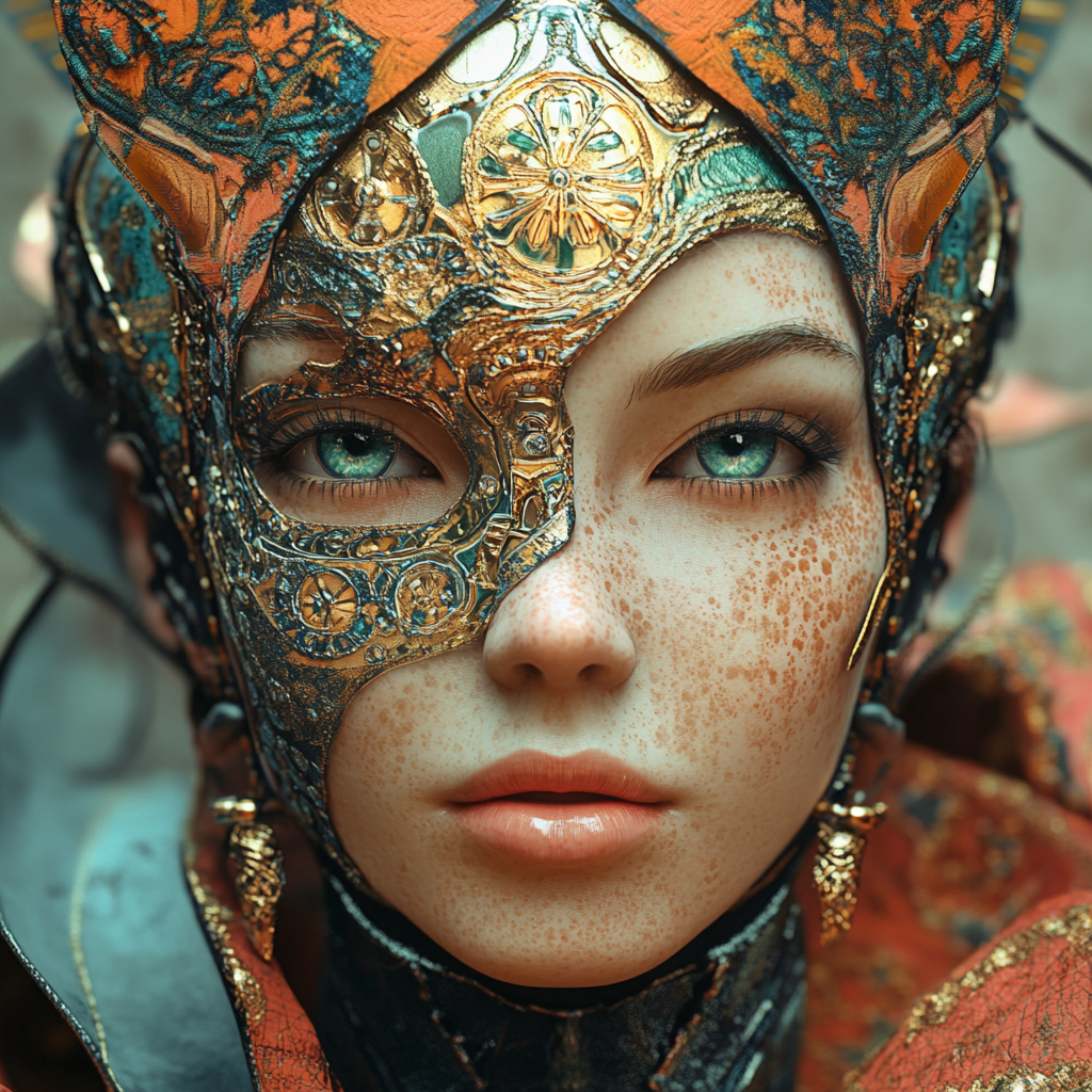 Woman in desert, detailed metallic face portrait, trending art.