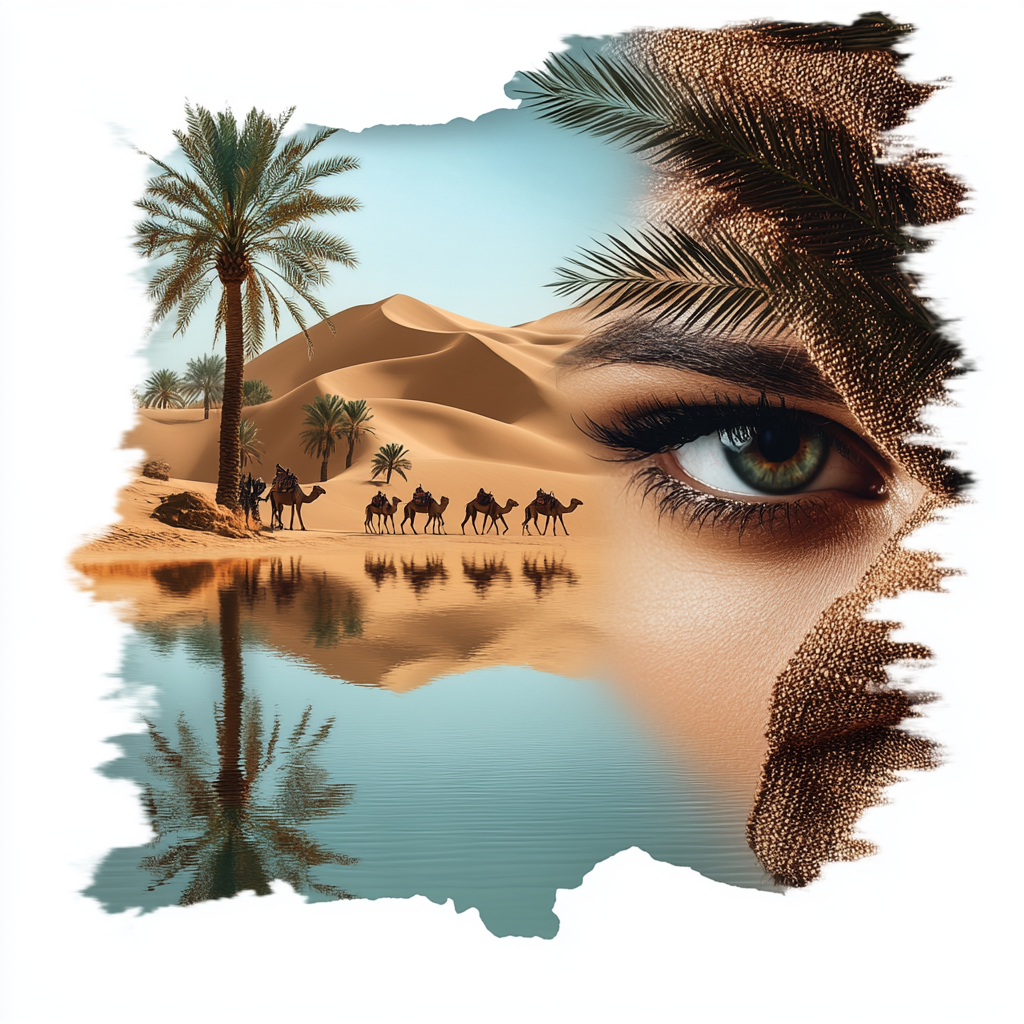 Woman in desert oasis surrounded by palms and camels.