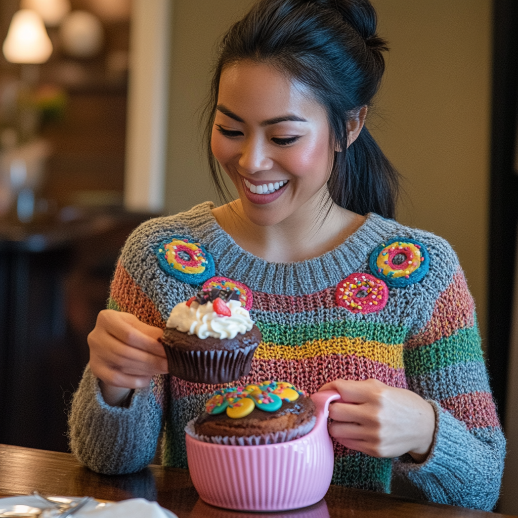 Woman in donut sweater pulls cupcake from purse.