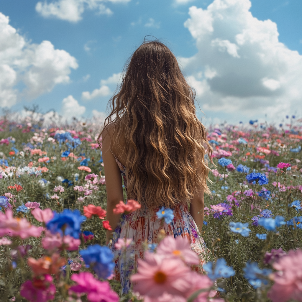 Woman in floral dress with wavy hair in field.