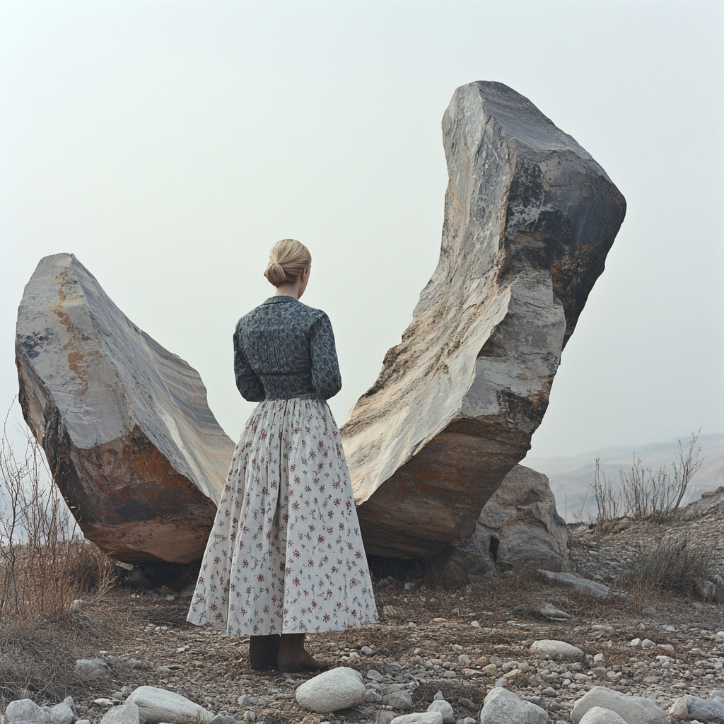 Woman in front of brutalist earthship, cinematic softlight, suprematism.