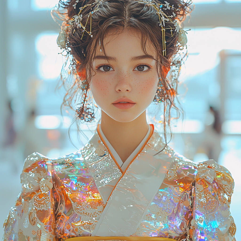 Woman in futuristic kimono with holographic material, hairpins.