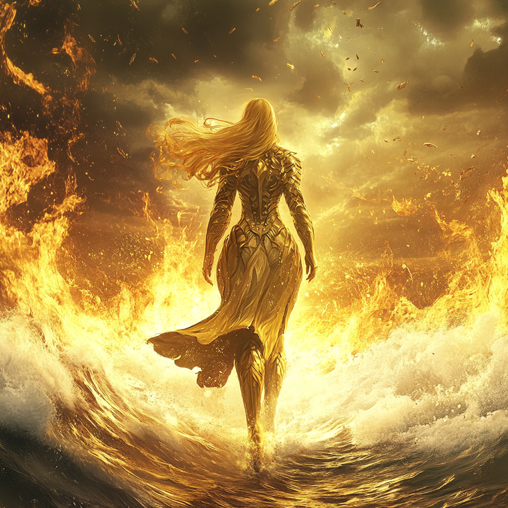 Woman in golden armor stopping wave with flames.